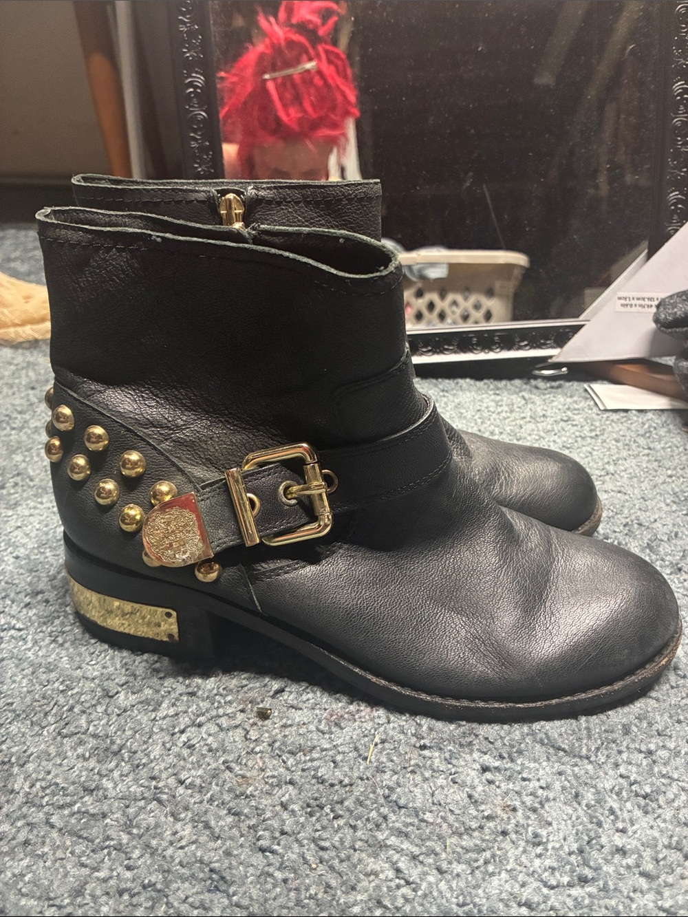 Vince Camuto Black Leather Ankle Boots with Gold Hardware